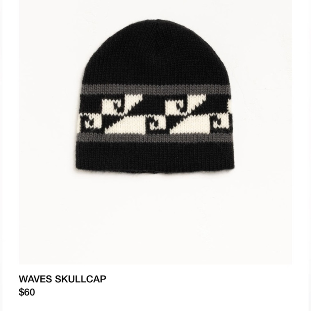 Stussy O/S Black Wave Pattern Knit Skullcap Beanie Acrylic Wool blend Excellent